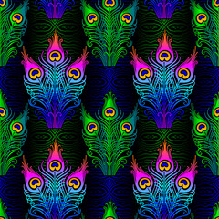 Peacock feathers bright design. Seamless pattern for textiles.