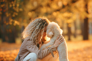 girl and dog in an autumn park at sunset.. Walking with pet. small poodle in nature