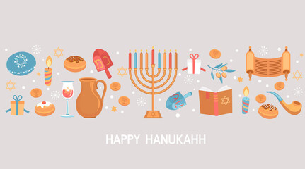 Happy Hanukkah greeting card for Jewish holiday. Template for banner, flyer with Torah, menorah candles, dreidels, donuts, oil jar, star David and place for your text. Vector illustration.