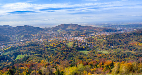 Obraz premium View from the Merkur mountain to the valley of Baden-Baden, Baden Wuerttemberg, Germany