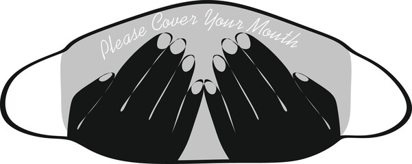 Please cover your mouth-this is the name of a face Mask on a gray background of black hands. , protective mask during the pandemic.