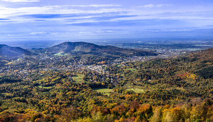 View from the Merkur mountain to the valley of Baden-Baden, Baden Wuerttemberg, Germany