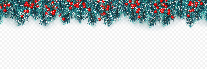 Festive Christmas or New Year Background. Christmas tree branches with holly berries and xmas snow. Holiday's Background. Vector illustration