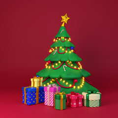 Decorated Christmas tree with gift boxes. 3d render