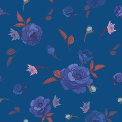 Vector floral seamless pattern with blue roses, chrysanthemums, and white jasmine
