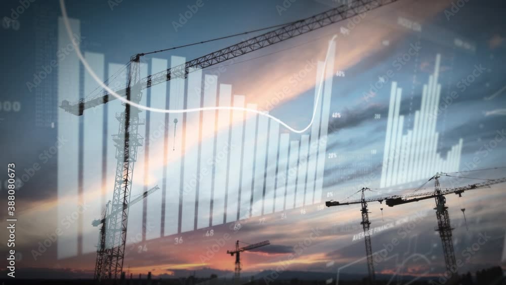 Poster digital hud interface bar chart in front of a construction site with construction cranes and a golde