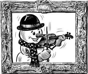 Sketch of portrait snowman violonist in decorative picture frame