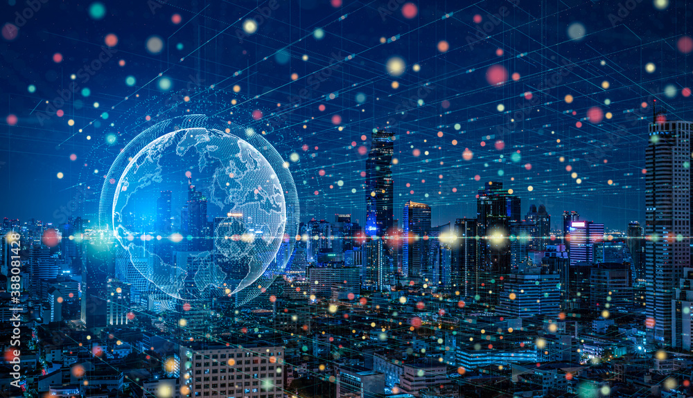 Poster modern city with wireless network connection and city scape concept.wireless network and connection 