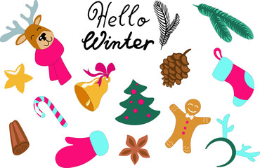 Winter holidays icons set - flat style images for winter, Christmas and New Year holidays. Bell, cone, fir branch, sock, gingerbread man, candy, deer, cinnamon,lettering Hello Winter.