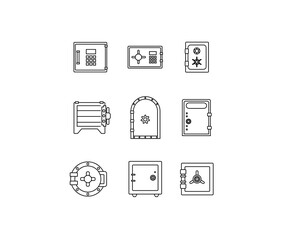 Safe, vault icon set. Big, safes, vaults, safes, secure, security, large, old, high-tech minimal vector illustrations. Minimal outline stroke icon set for websites.