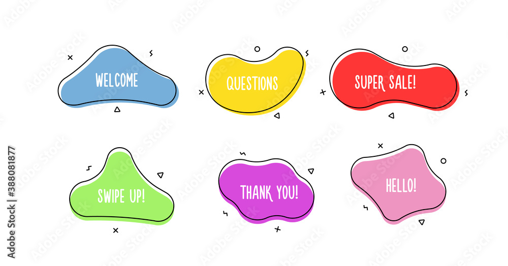 Aufkleber Set of modern organic doodle shapes. Fluid vector trendy elements. Template graphics with geometric speech bubbles and banners with frames to put your own text