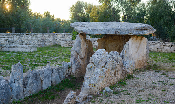 Dolmen della Chianca in Bisceglie town, Apulia, Italy. Horizontal, megalith.