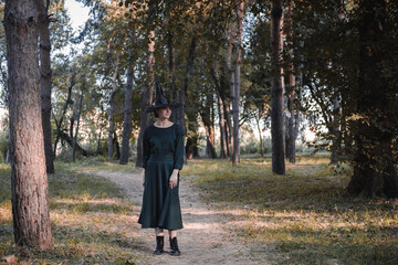 Pretty young beautiful woman in dark dress and witch hat standing in middle of autumn woods or park. Halloween party costume. Portrait in full growth. Shadow on the face.