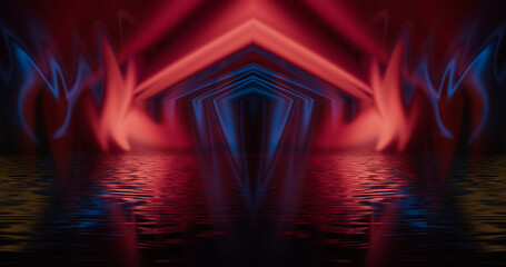 Dark abstract background with ultraviolet neon glow. Blurry neon waves. Light effect. Reflection on the asphalt. 3d illustration