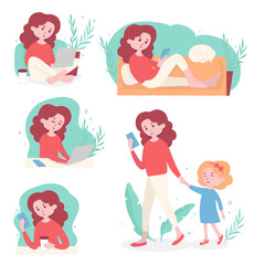 Fototapeta na wymiar Set with girls working on a laptop and with a phone. The girl is at home and walks with the child and the phone. Flat design. For website, and advertising. Colorful vector illustration.