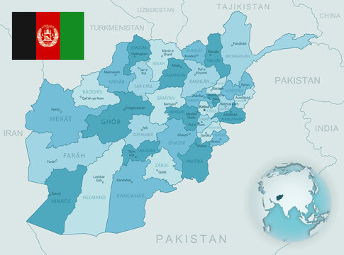Blue-green detailed map of Afghanistan administrative divisions with country flag and location on the globe.