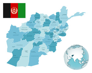 Afghanistan administrative blue-green map with country flag and location on a globe.