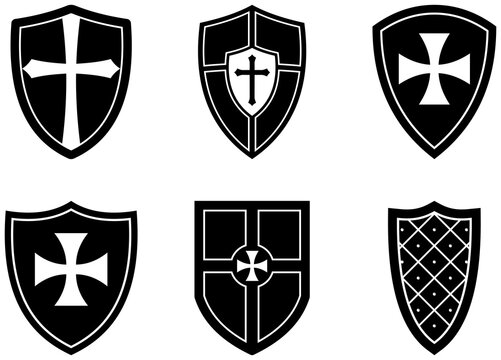 Ritter Schild Vektor Set. Isolierter wei&szlig;er Hintergrund.