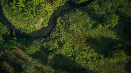 Low flyover over a small wild river on a summer day, river Grabia, Poland.