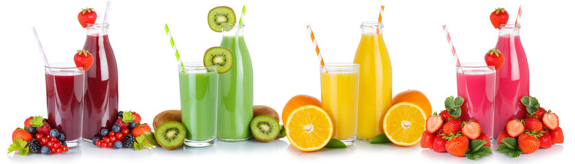 Fruit juice drinks collection smoothies glass and bottle isolated