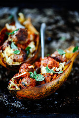 meatball stuffed spaghetti squash.selective focus