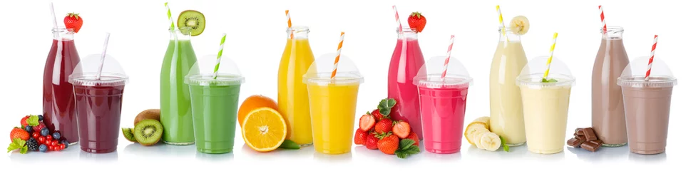 Poster Im Rahmen Collection of drinks drink beverages fruits fruit juice isolated on white © Markus Mainka