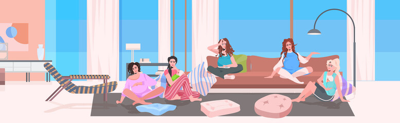 Obraz na płótnie Canvas pregnant women and mothers with children discussing during meeting girls spending time together pregnancy motherhood concept living room interior full length horizontal vector illustration