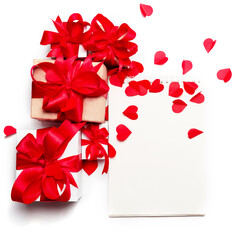 Valentine day composition:many gift boxes with red bows and a notebook on a white background with hearts. Top View.View from above.