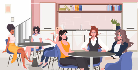 mix race women discussing during meeting in conference area female empowerment movement girl power union of feminists concept horizontal vector illustration