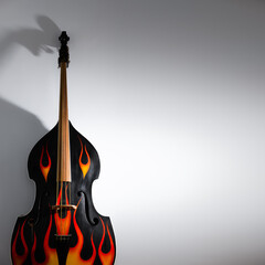 Acoustic double bass with flames decals, close-up view. Rock'n'roll, rockabilly musical instrument...