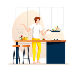 Man preparing food in the kitchen. Pan with ingredients, bowl with salad. Food blog, cooking, recipe, dinner, homemade food concept. Vector illustration for advertising, card, poster, banner.