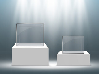 Realistic glass box or container on a white stand .Vector illustration.