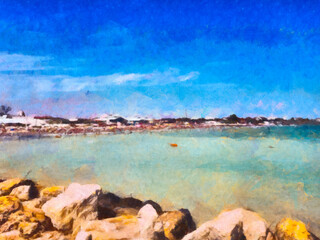 the landscape of the rocky coast near the sea blue sky watercolor