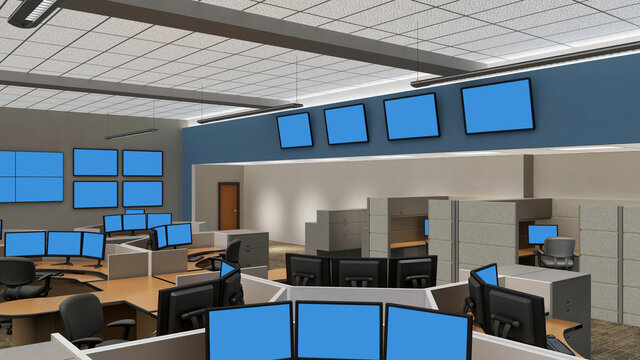 Office Space with Cubicles and Monitors