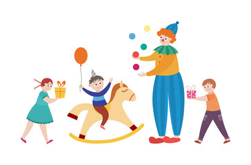 Obraz na płótnie Canvas Birthday party for kids with clown, flat cartoon vector illustration isolated