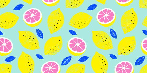 Lemon colorful seamless pattern. Trendy summer background. Vector bright print for fabric or wallpaper.