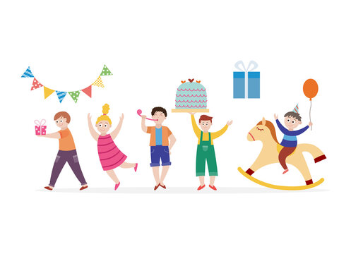 Set of children celebrating birthday party flat vector illustration isolated.