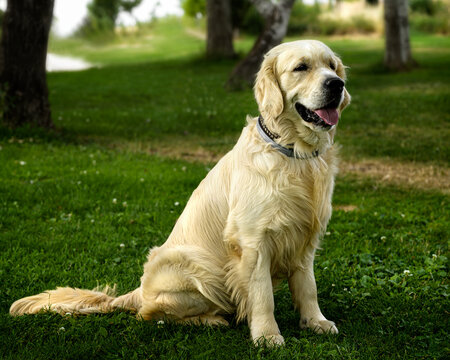 Retrato de perro sentado de la raza Golden Retriever dentro de un bosque