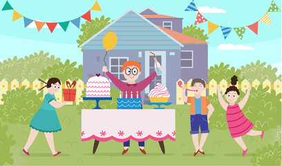 Kids birthday party in the backyard outdoors a vector flat cartoon illustration.