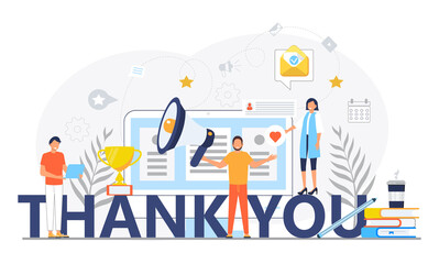 Thank you concept vector. Tiny people thank you for help. Clients evaluate the service, give rate. Like, heart, star icon