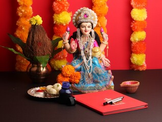 Lakshmi pujan - godess laxmi idol, Copper Kalash, coconut with Red accounting note book and haldi...