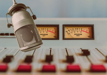 Professional microphone and sound mixer in radio studio