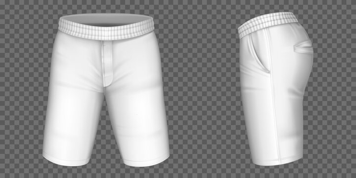 White Shorts For Men Vector Mockup, Male Pants With Pockets And Rubber Band Template Front, Side View. Realistic 3d Blank Apparel Design, Sportswear, Casual Clothing Isolated On Transparent Background