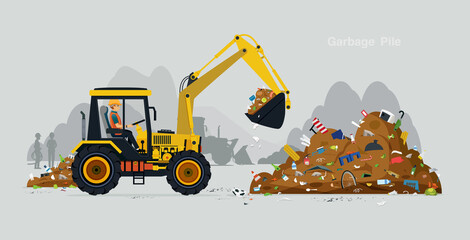 Workers drive a excavator to handle the waste.  © intararit