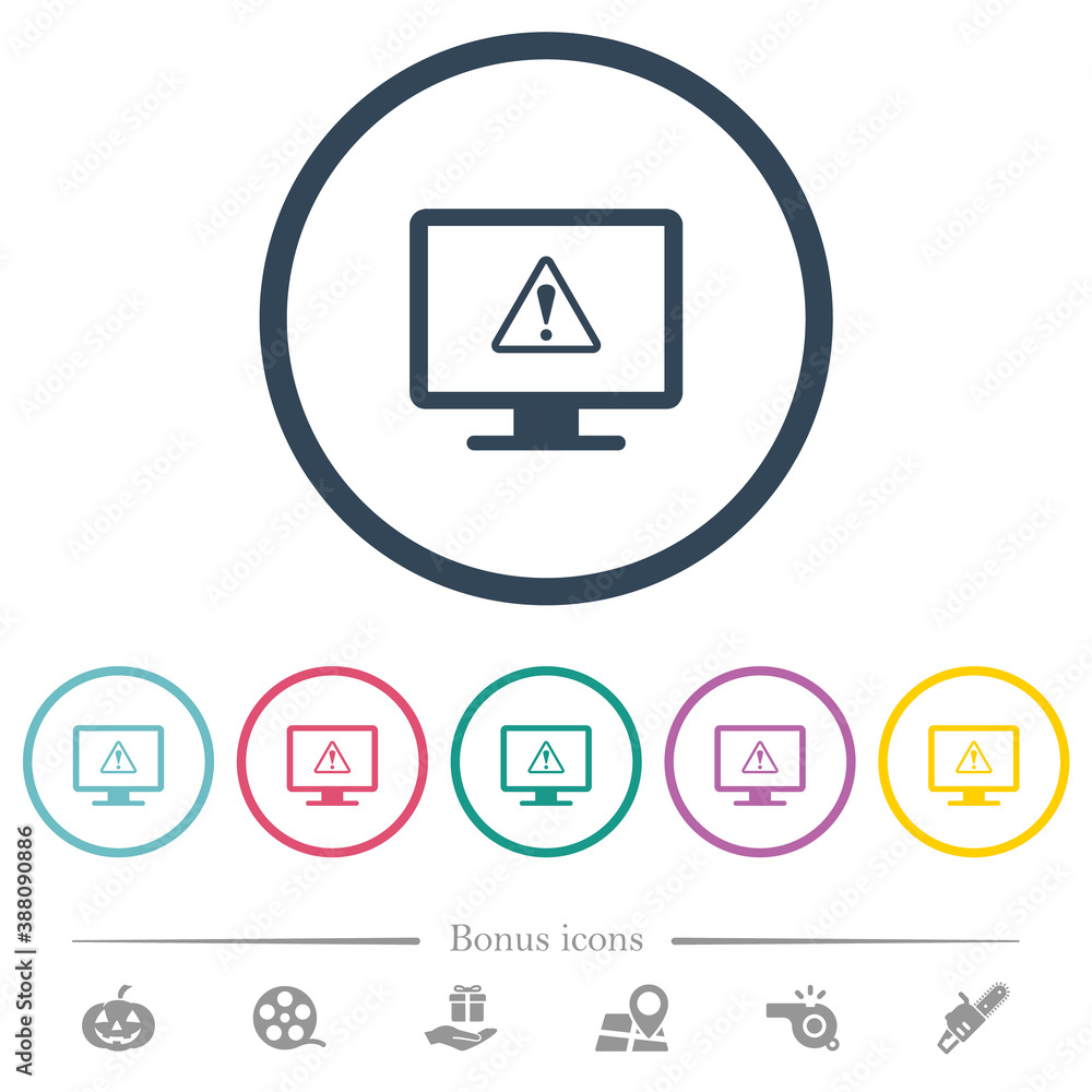 Poster display warning flat color icons in round outlines