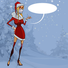 cartoon snow maiden in medical mask and red suit points her finger up with speech bubble