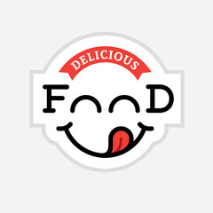 Yummy food vector logo with funny smiling face. Mouth with a stuck out tongue. Delicious recipe, tasty dish, cooking icon.