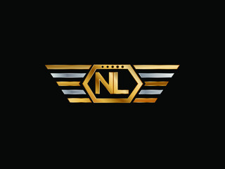 NL wing shape Initial logo letter design art logo, gold color on black background - obrazy, fototapety, plakaty