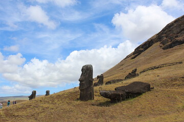 Easter Island (Rapa Nui), Moai (ancient statues) on the mountain side. 