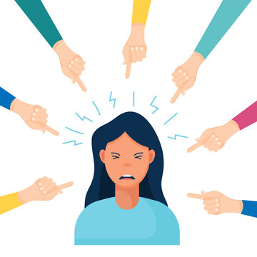 Sad teenage girl sitting on floor surrounded by classmates mocking him, scoffing. Problem of mockery bullying at school